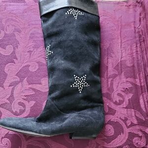 Black Suede Tall Boots with Rhinestone Stars Claudia Merazzi made in italy
